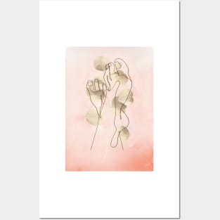 Feet line art, minimal design print, pink background and delicate foliage Posters and Art